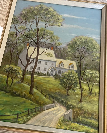 Vintage 1980s House painting Oil on masonite signed wood ornate frame