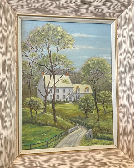 Vintage 1980s House painting Oil on masonite signed wood ornate frame