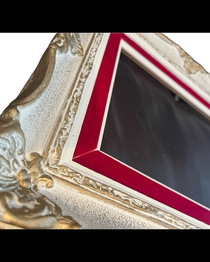 Large heavy Ornate wood frame 1940s red velvet gold white painted