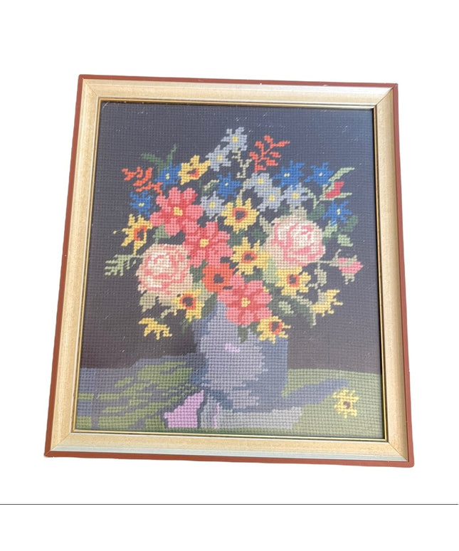 Vintage framed needlpoint picture flowers in pot fancy colorful wood frame