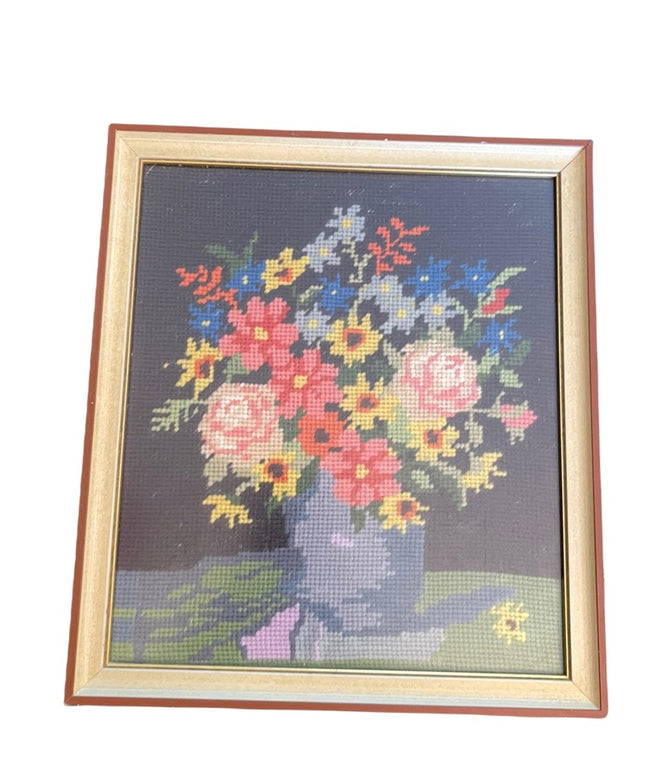Vintage framed needlpoint picture flowers in pot fancy colorful wood frame