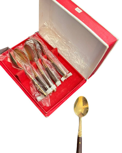 Vintage Brass Wood Handle Demitasse Small Coffee Spoon Thailand Set X6 pcs NIB