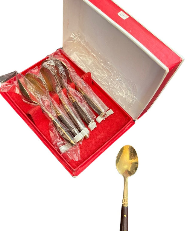 Vintage Brass Wood Handle Demitasse Small Coffee Spoon Thailand Set X6 pcs NIB