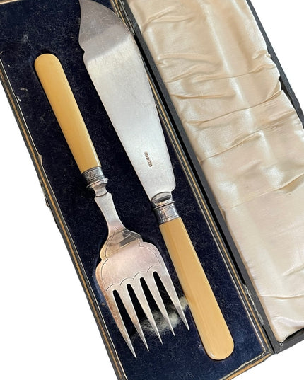 Antique Serving fork & knife Ivory Sterling England appx 1840s