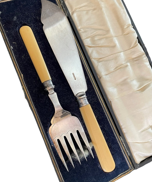 Antique Serving fork & knife Ivory Sterling England appx 1840s