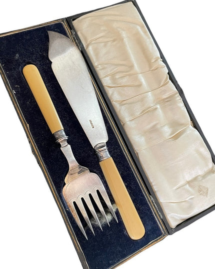 Antique Serving fork & knife Ivory Sterling England appx 1840s