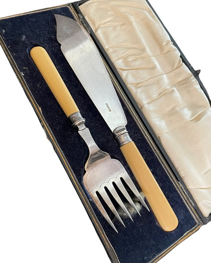 Antique Serving fork & knife Ivory Sterling England appx 1840s