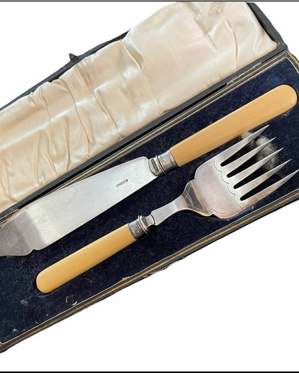 Antique Serving fork & knife Ivory Sterling England appx 1840s