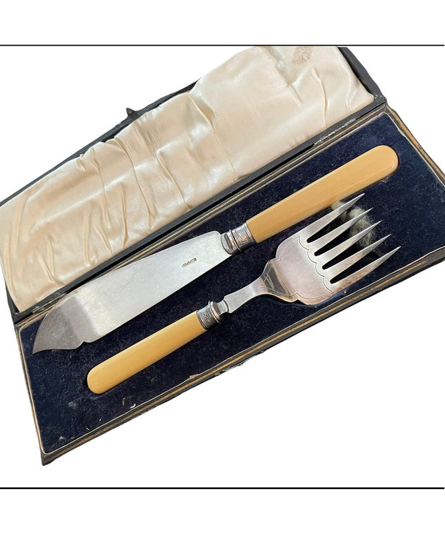 Antique Serving fork & knife Ivory Sterling England appx 1840s