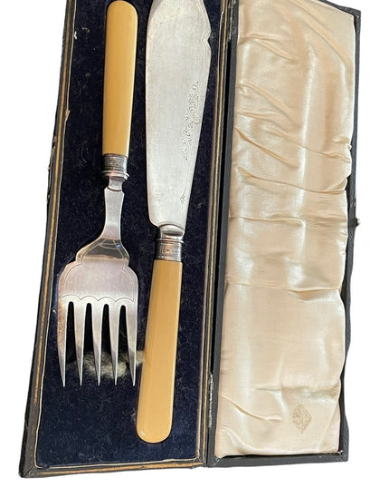 Antique Serving fork & knife Ivory Sterling England appx 1840s