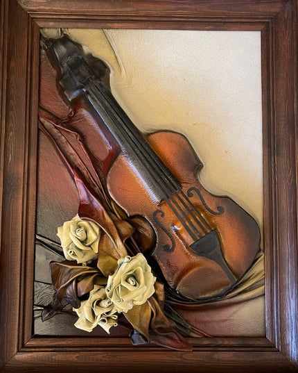 VTG High Relief Handmade leather Violin & flowers Hanging  heavy 3D picture