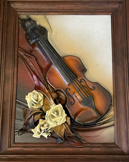 VTG High Relief Handmade leather Violin & flowers Hanging  heavy 3D picture
