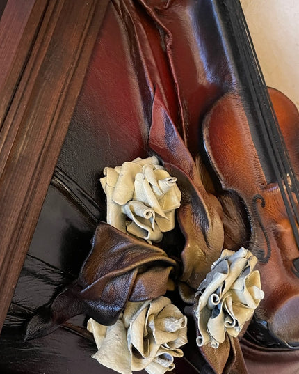 VTG High Relief Handmade leather Violin & flowers Hanging  heavy 3D picture