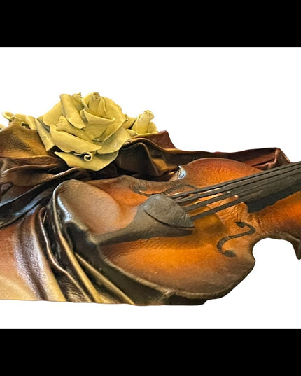 VTG High Relief Handmade leather Violin & flowers Hanging  heavy 3D picture