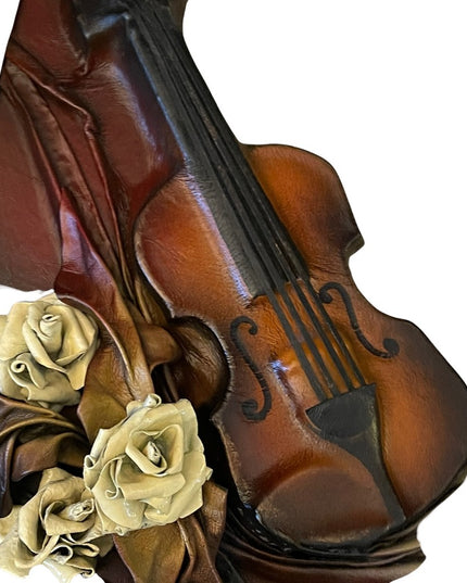 VTG High Relief Handmade leather Violin & flowers Hanging  heavy 3D picture