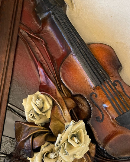 VTG High Relief Handmade leather Violin & flowers Hanging  heavy 3D picture