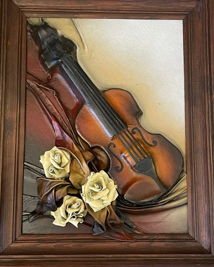 VTG High Relief Handmade leather Violin & flowers Hanging  heavy 3D picture