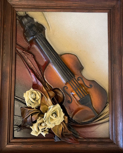VTG High Relief Handmade leather Violin & flowers Hanging  heavy 3D picture