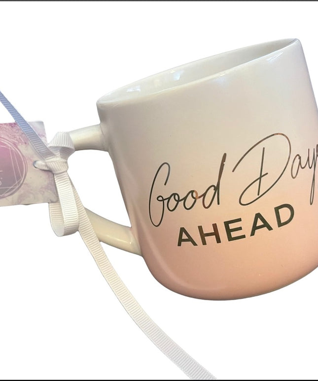 NWT Frankie Grey Ceramic coffee mug inspirational “Good day ahead” Lovely’