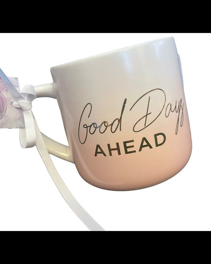NWT Frankie Grey Ceramic coffee mug inspirational “Good day ahead” Lovely’