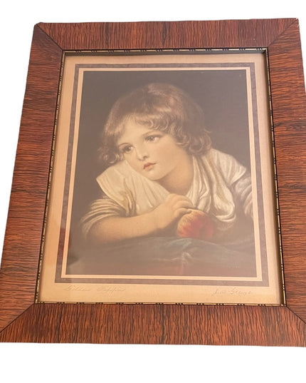 Antique 1870s Campbell Co lithograph Jean Greuze Print Girl with an apple Framed
