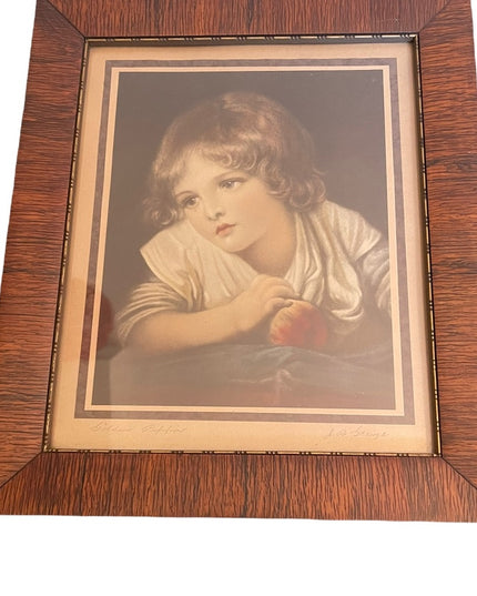 Antique 1870s Campbell Co lithograph Jean Greuze Print Girl with an apple Framed