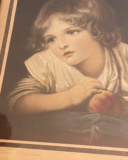 Antique 1870s Campbell Co lithograph Jean Greuze Print Girl with an apple Framed