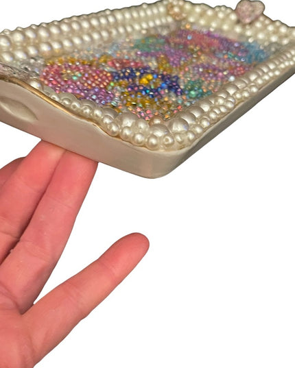 Ceramic Bedazzled embellished Artisan Dresser table tray crystals pearl handmade