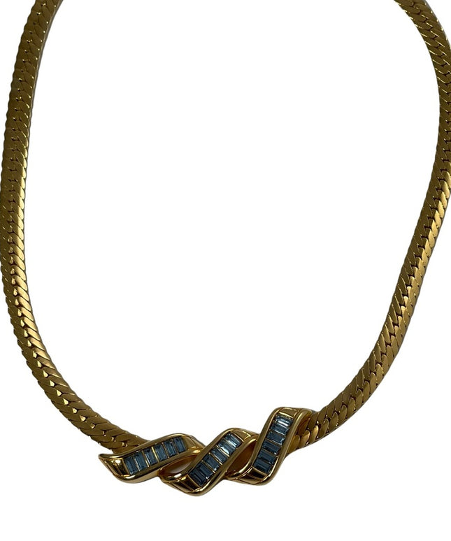 Vintage 1980s Swarovski authentic (SAL) blue Crystal gold choker necklace