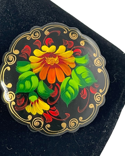 Vintage signed handpainted Russian flower brooch