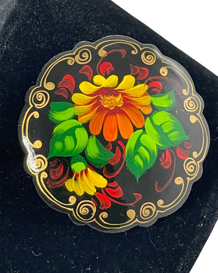 Vintage signed handpainted Russian flower brooch