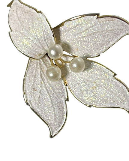 Vintage pearl flower white enameled gold large brooch