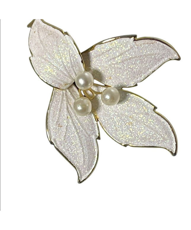 Vintage pearl flower white enameled gold large brooch