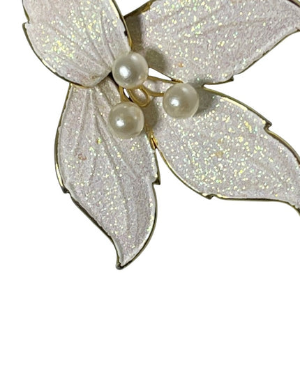 Vintage pearl flower white enameled gold large brooch