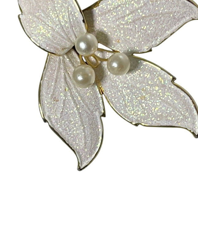 Vintage pearl flower white enameled gold large brooch