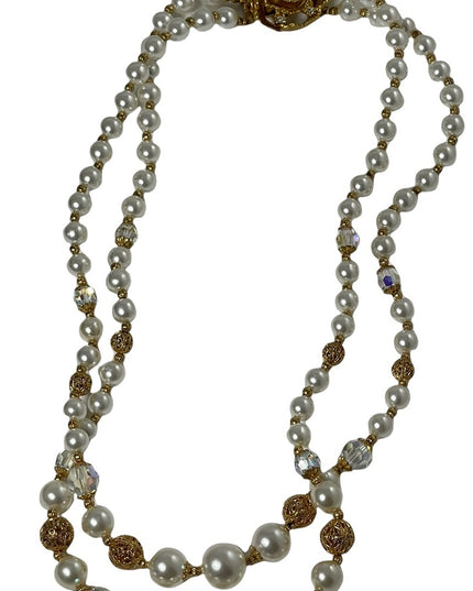 Vintage 2 strand faux pearl crystal gold ornate bead necklace flower clasp