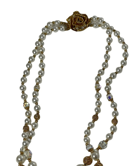 Vintage 2 strand faux pearl crystal gold ornate bead necklace flower clasp