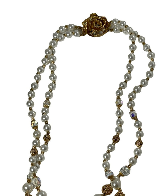 Vintage 2 strand faux pearl crystal gold ornate bead necklace flower clasp