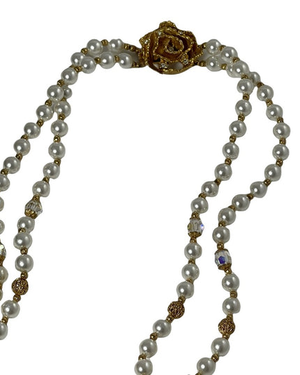 Vintage 2 strand faux pearl crystal gold ornate bead necklace flower clasp