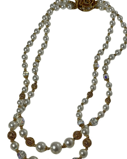 Vintage 2 strand faux pearl crystal gold ornate bead necklace flower clasp