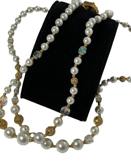 Vintage 2 strand faux pearl crystal gold ornate bead necklace flower clasp