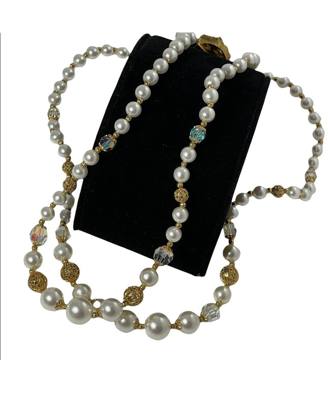 Vintage 2 strand faux pearl crystal gold ornate bead necklace flower clasp