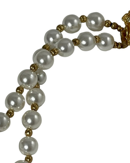 Vintage 2 strand faux pearl crystal gold ornate bead necklace flower clasp