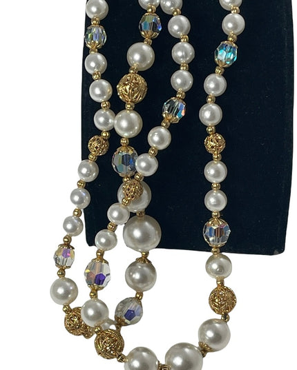 Vintage 2 strand faux pearl crystal gold ornate bead necklace flower clasp