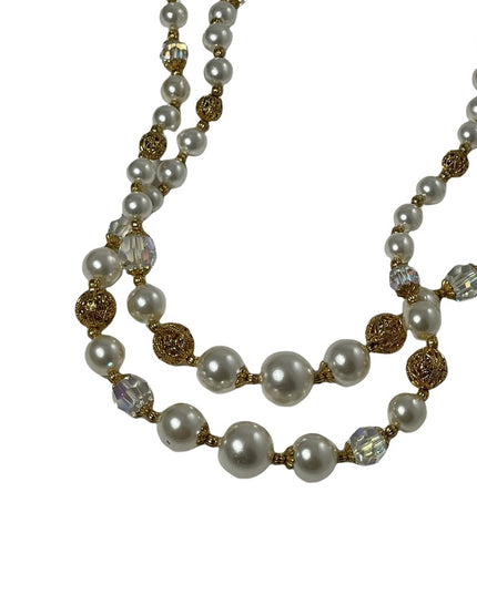 Vintage 2 strand faux pearl crystal gold ornate bead necklace flower clasp
