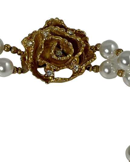 Vintage 2 strand faux pearl crystal gold ornate bead necklace flower clasp