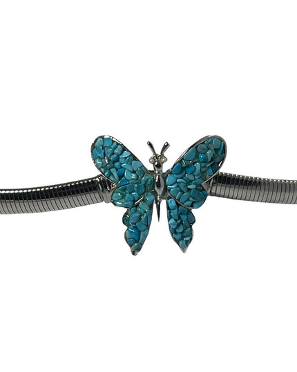 Vintage turquois butterfly buckle metal snake belt 26-28”