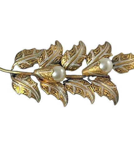 Vintage Damascene Gold plate pearl enameled flower brooch