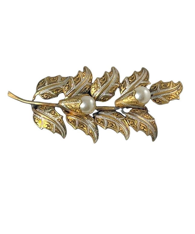 Vintage Damascene Gold plate pearl enameled flower brooch
