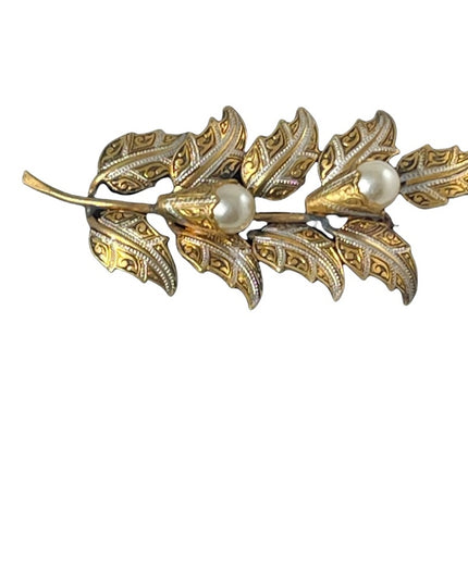 Vintage Damascene Gold plate pearl enameled flower brooch